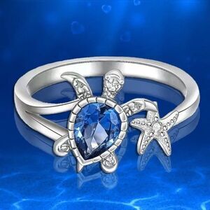 1pc Adjustable Ocean-Inspired Cute Turtle Ring with Blue Gemstone